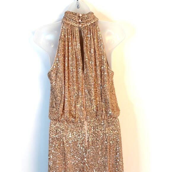 Eliza J Gold Sequin Halter Midi Dress Open Back Evening Party Dress - Picture 6 of 8